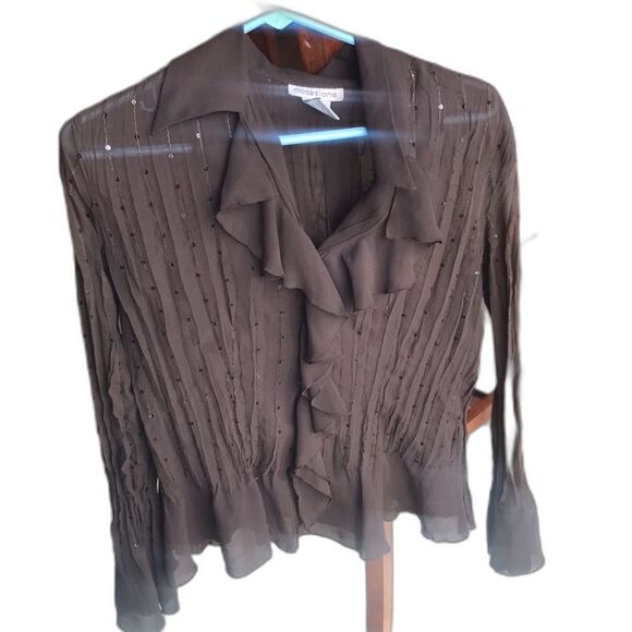 Vintage Notations Brown Ruffle  Sheer Blouse with Sequins Size Small peasant - Picture 8 of 8